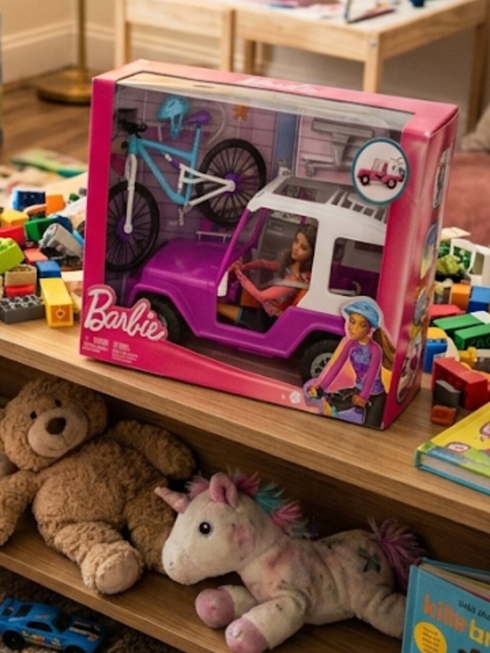 Barbie Set Doll w/ Pink Jeep Mountain Bike Bike Rack Helmet Large Jeep New LQQK!